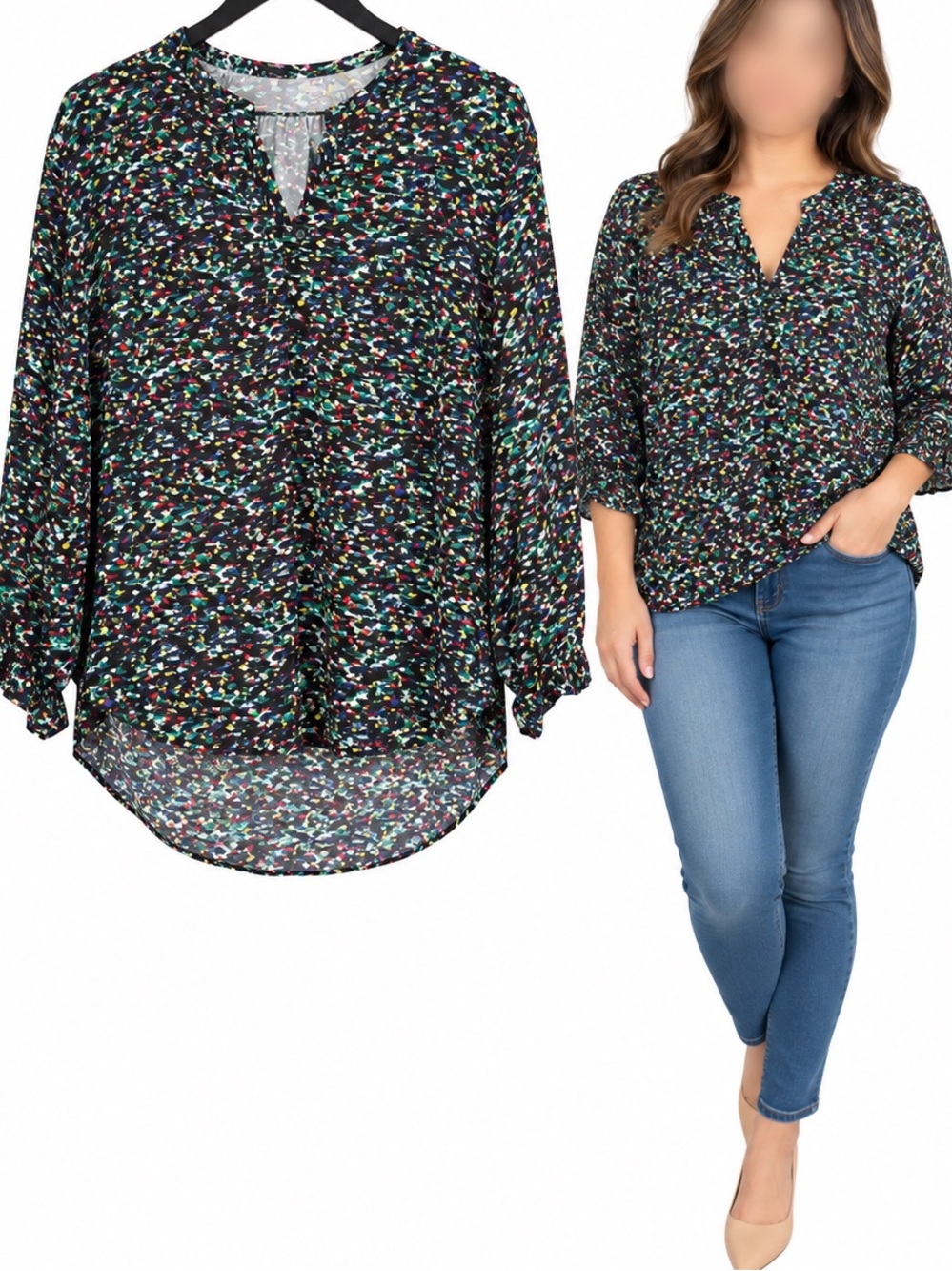 Premise Black Multi-Color Confetti Print V-Neck Blouse